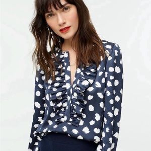 J. Crew Navy and White Ruffle Blouse
